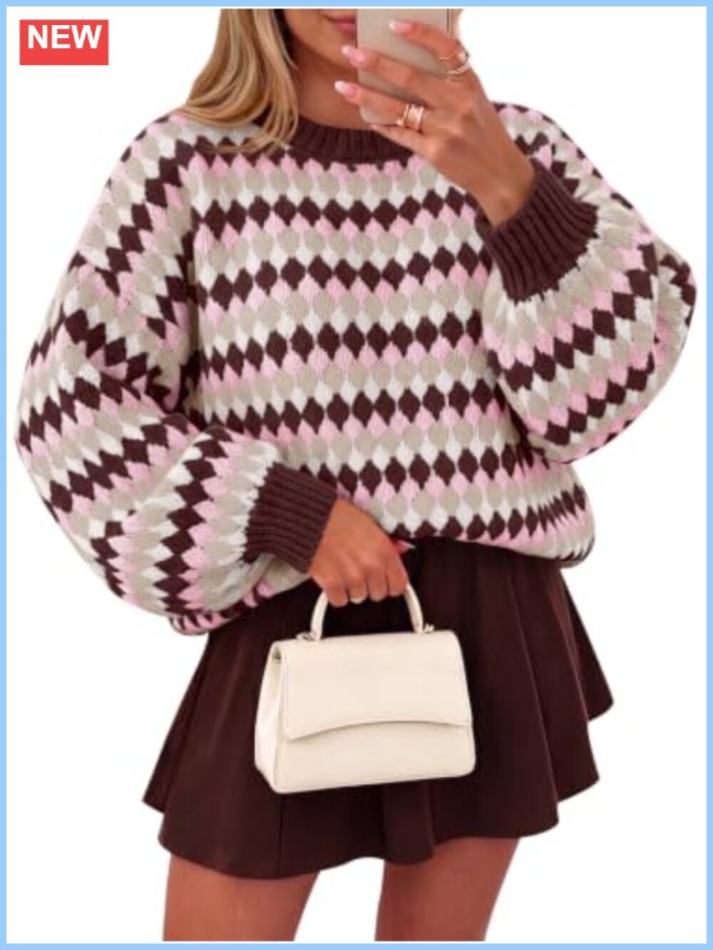 Womens Striped Sweater Color Block Long Lantern Sleeve Chunky Knit Pullover